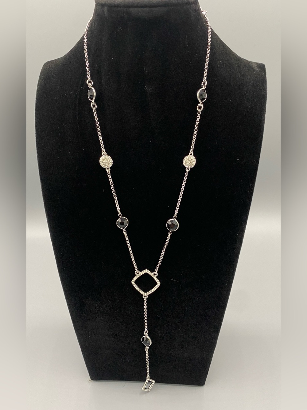 WHBM Sterling Silver Lariat Necklace with Black Crystal Accents